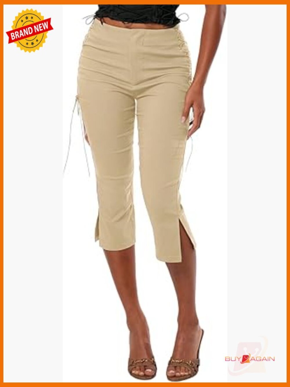 High Waisted Skinny Stretch Capri Pants with Lace Up Front